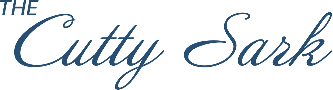 The Cutty Sark Motel wordmark logo in blue script lettering.