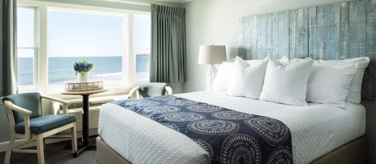 Oceanfront king room in the lower building with panoramic Atlantic views and coastal-inspired decor.