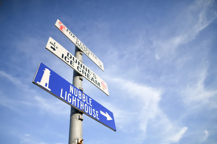 A sign directing visitors to local attractions in nearby The Cutty Sark in York, Maine.
